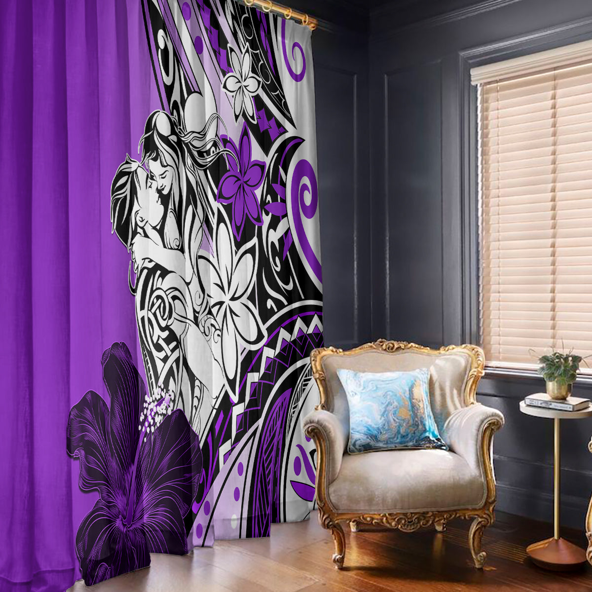 Polynesian Valentine Window Curtain Couple Floral Unique Purple Version LT01 - Polynesian Pride