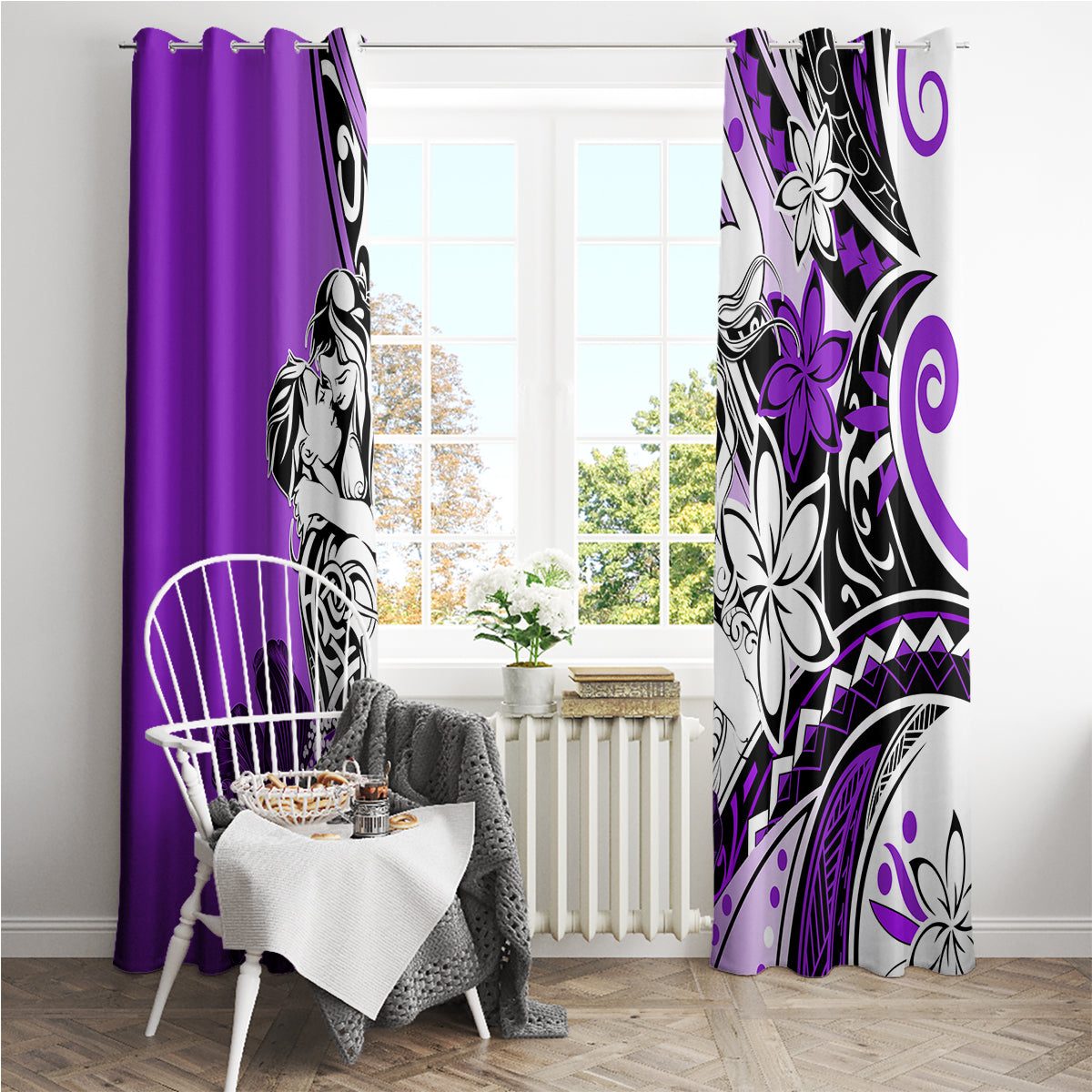 Polynesian Valentine Window Curtain Couple Floral Unique Purple Version LT01 - Polynesian Pride