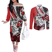 Polynesian Valentine Couples Matching Off The Shoulder Long Sleeve Dress and Long Sleeve Button Shirt Couple Floral Unique Red Version LT01 Red - Polynesian Pride