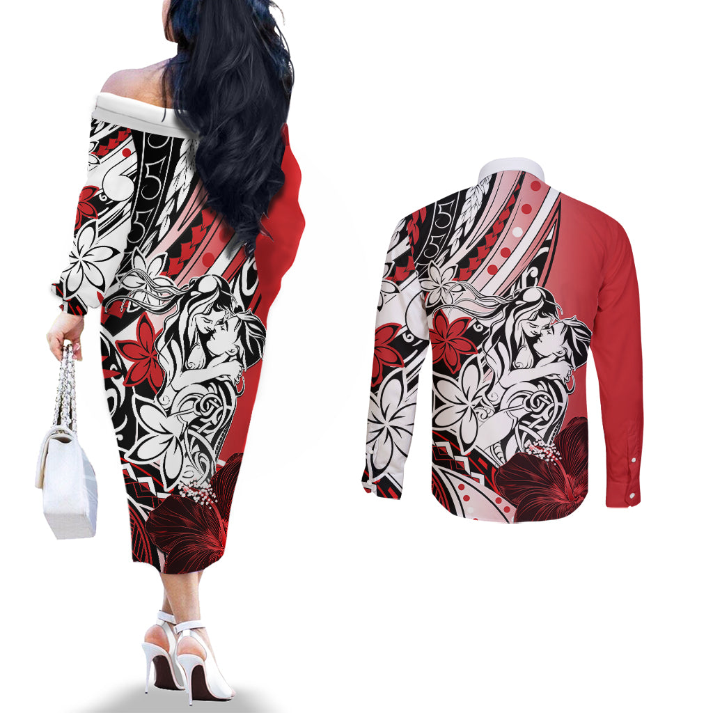 Polynesian Valentine Couples Matching Off The Shoulder Long Sleeve Dress and Long Sleeve Button Shirt Couple Floral Unique Red Version LT01 - Polynesian Pride