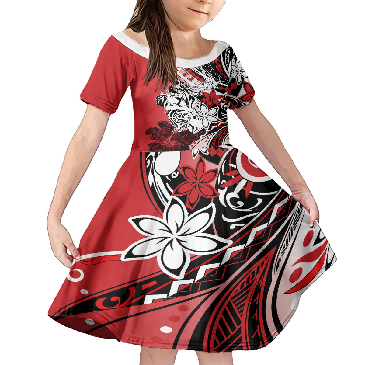 Polynesian Valentine Family Matching Off Shoulder Short Dress and Hawaiian Shirt Couple Floral Unique Red Version LT01 Daughter's Dress Red - Polynesian Pride