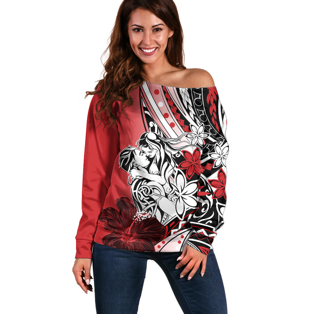 Polynesian Valentine Off Shoulder Sweater Couple Floral Unique Red Version LT01 Women Red - Polynesian Pride