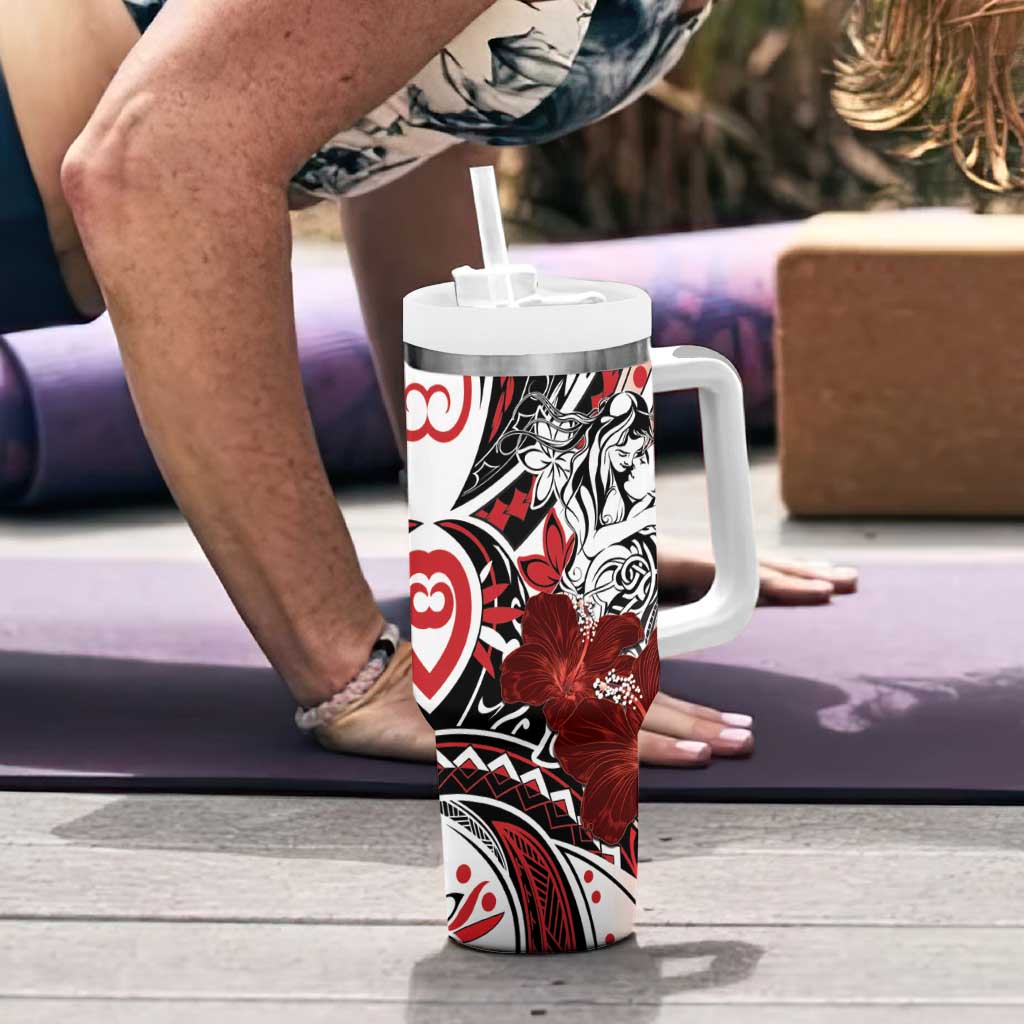Polynesian Valentine Tumbler With Handle Couple Floral Unique Red Version