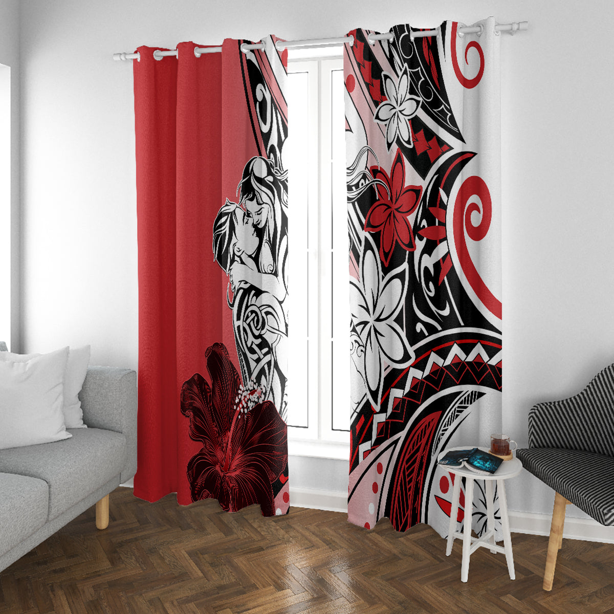 Polynesian Valentine Window Curtain Couple Floral Unique Red Version LT01 With Grommets Red - Polynesian Pride