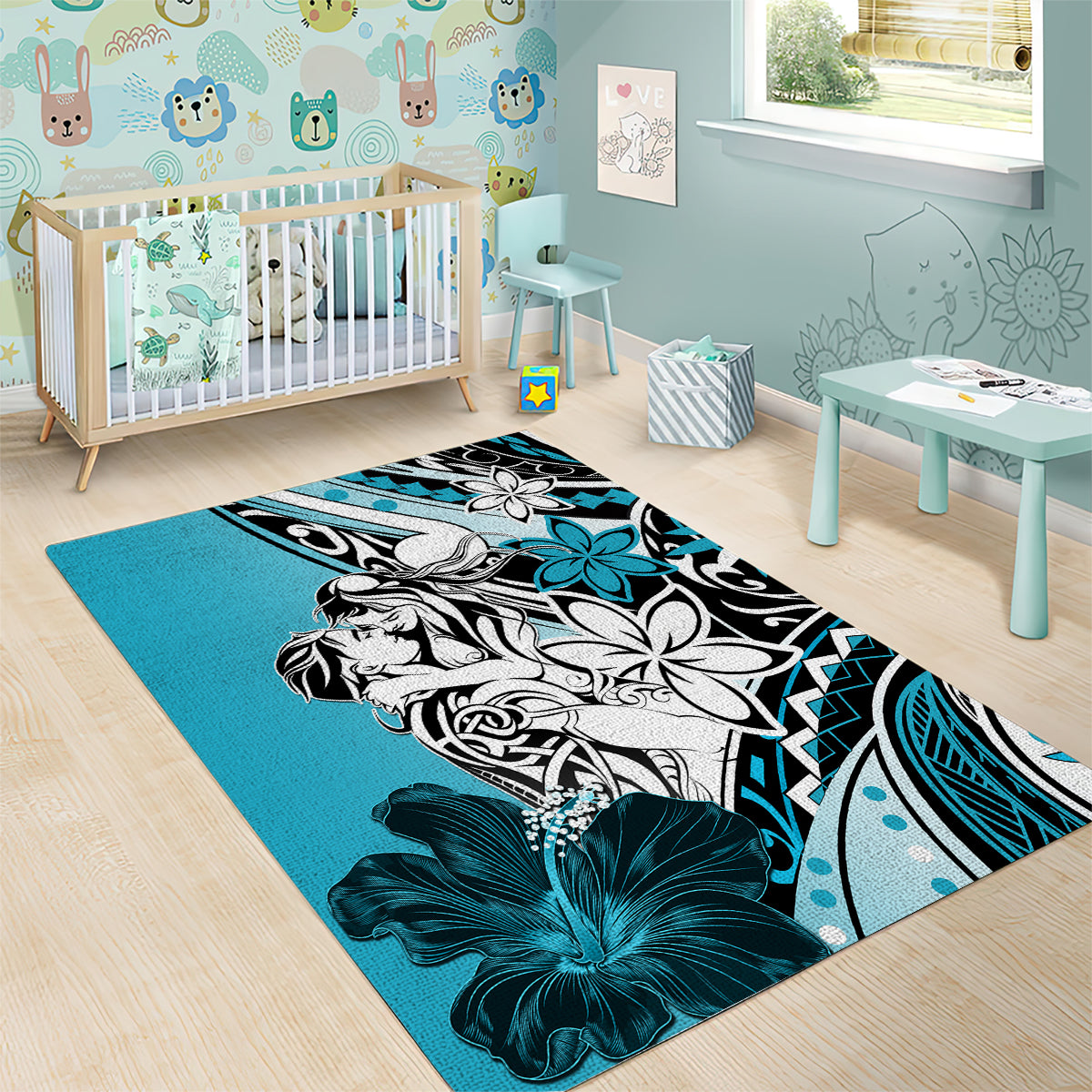 Polynesian Valentine Area Rug Couple Floral Unique Sky Blue Version LT01 - Polynesian Pride