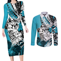 Polynesian Valentine Couples Matching Long Sleeve Bodycon Dress and Long Sleeve Button Shirt Couple Floral Unique Sky Blue Version LT01 Sky - Polynesian Pride