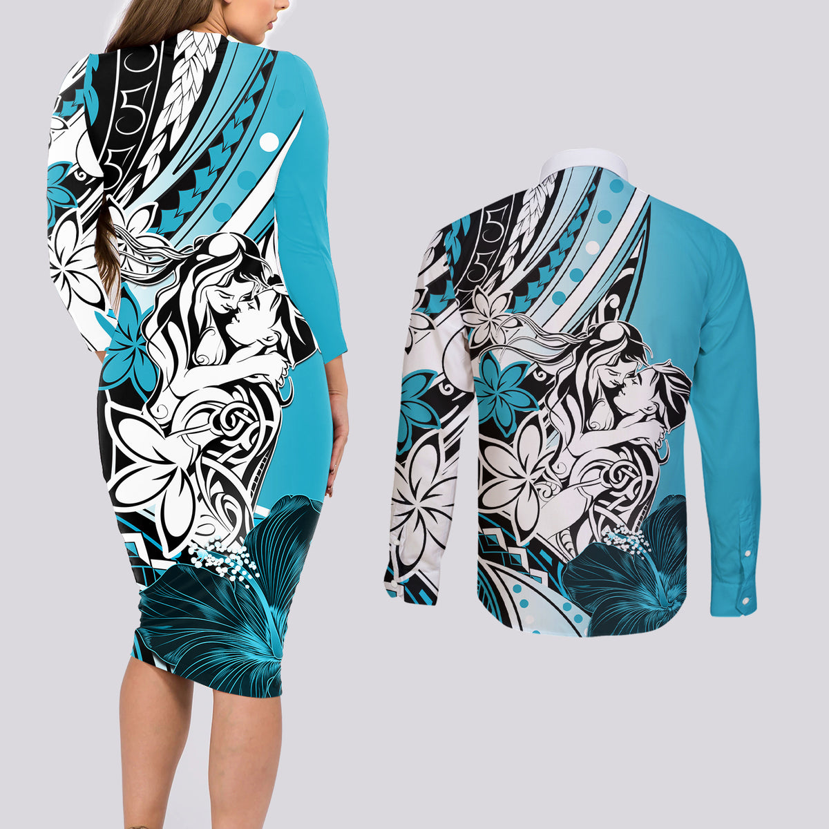 Polynesian Valentine Couples Matching Long Sleeve Bodycon Dress and Long Sleeve Button Shirt Couple Floral Unique Sky Blue Version LT01 - Polynesian Pride