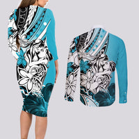 Polynesian Valentine Couples Matching Long Sleeve Bodycon Dress and Long Sleeve Button Shirt Couple Floral Unique Sky Blue Version LT01 - Polynesian Pride