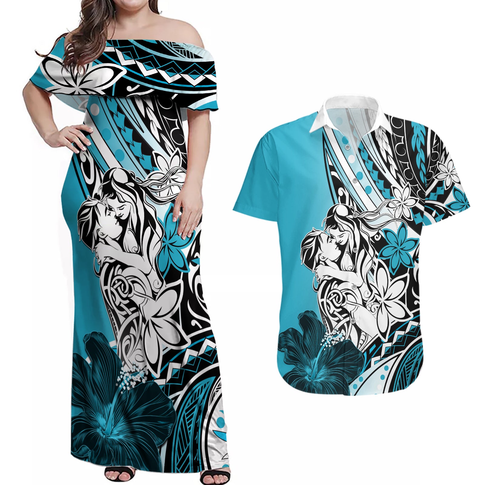 Polynesian Valentine Couples Matching Off Shoulder Maxi Dress and Hawaiian Shirt Couple Floral Unique Sky Blue Version LT01 Sky - Polynesian Pride