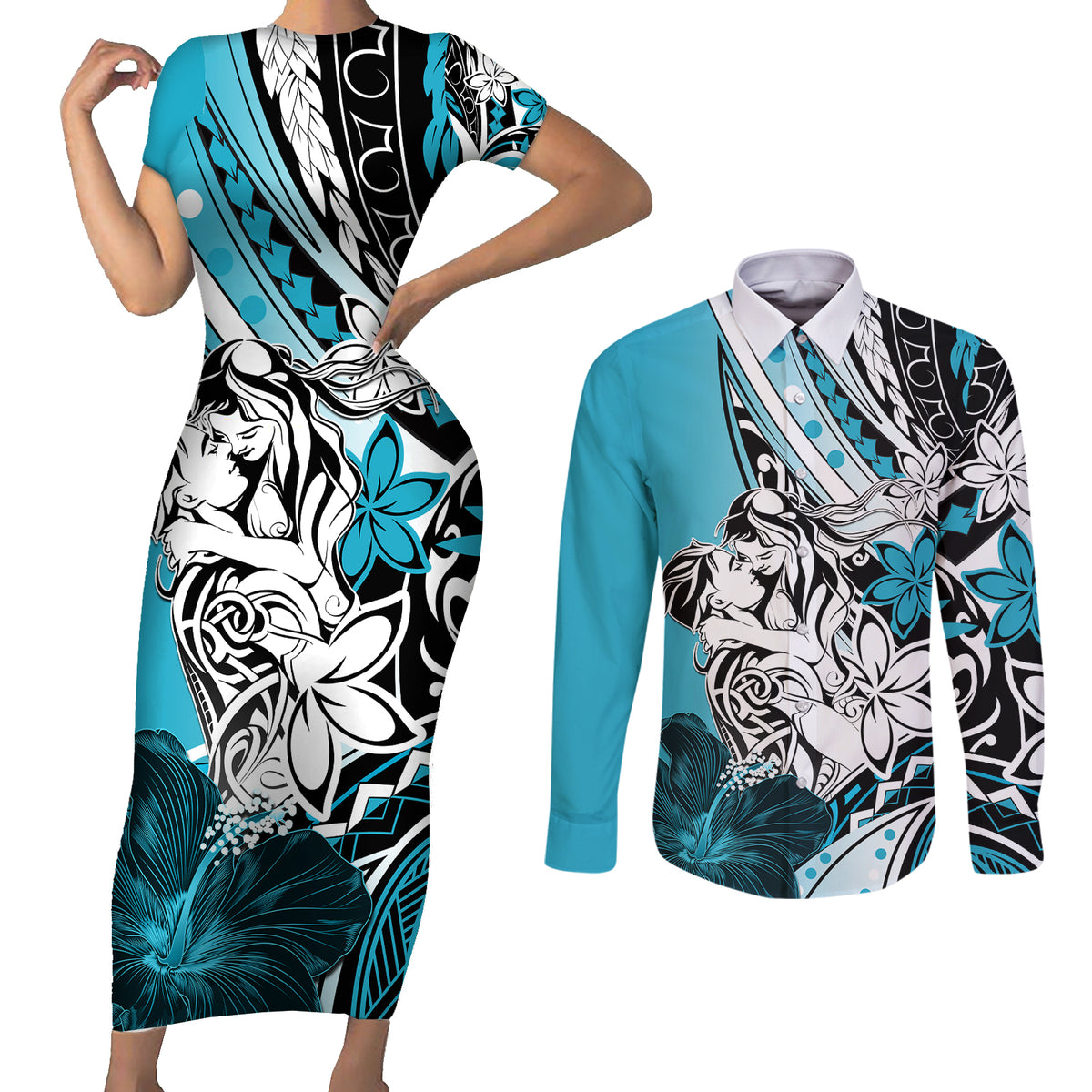 Polynesian Valentine Couples Matching Short Sleeve Bodycon Dress and Long Sleeve Button Shirt Couple Floral Unique Sky Blue Version LT01 Sky - Polynesian Pride