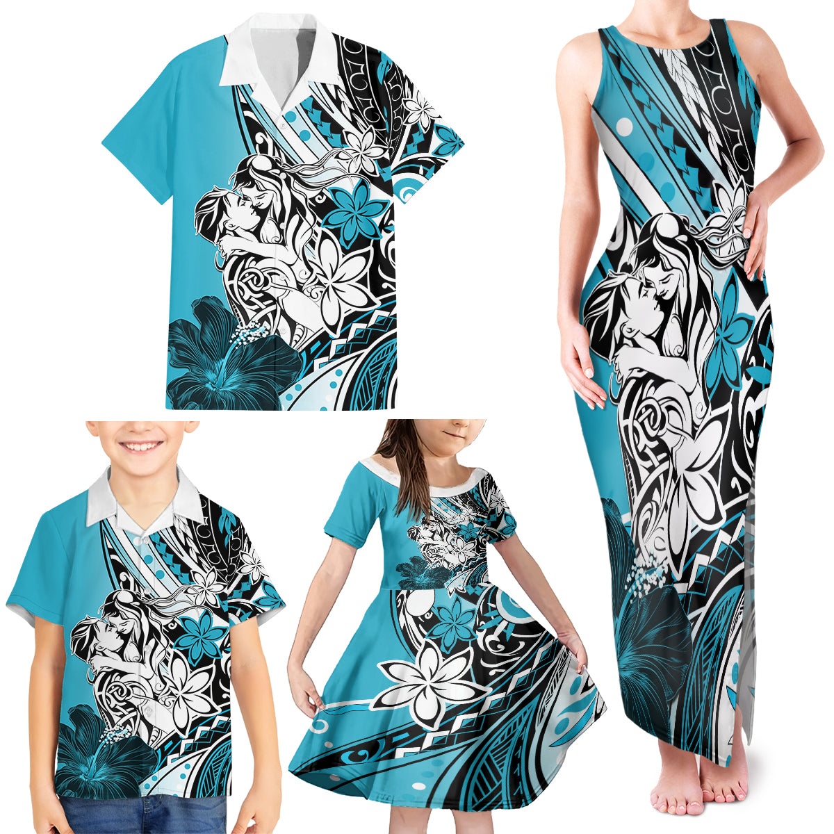 Polynesian Valentine Family Matching Tank Maxi Dress and Hawaiian Shirt Couple Floral Unique Sky Blue Version LT01 - Polynesian Pride