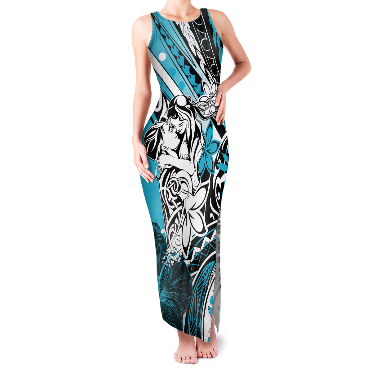 Polynesian Valentine Family Matching Tank Maxi Dress and Hawaiian Shirt Couple Floral Unique Sky Blue Version LT01 Mom's Dress Sky - Polynesian Pride