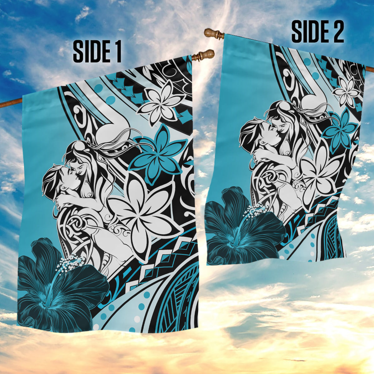 Polynesian Valentine Garden Flag Couple Floral Unique Sky Blue Version LT01 - Polynesian Pride