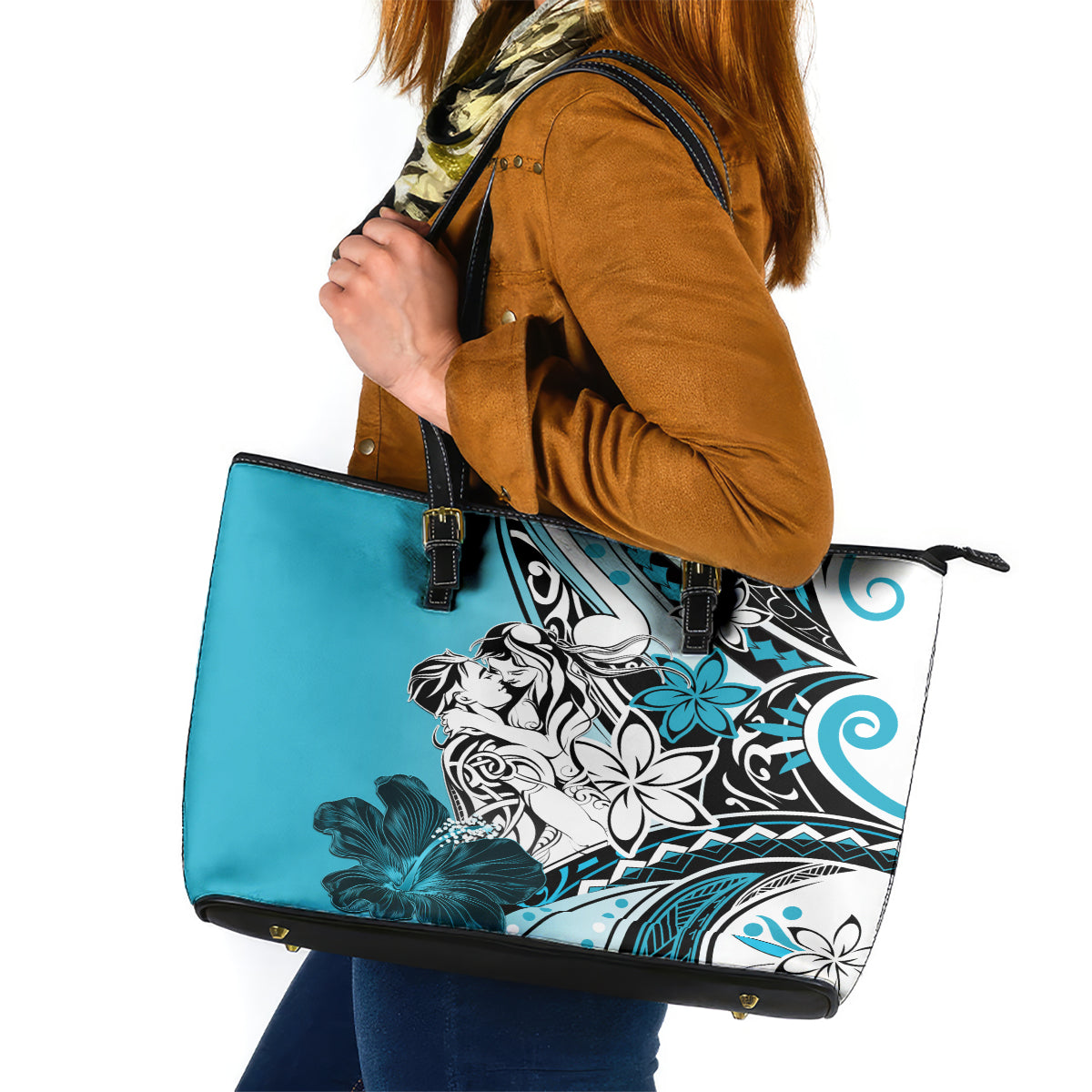 Polynesian Valentine Leather Tote Bag Couple Floral Unique Sky Blue Version LT01 Sky - Polynesian Pride