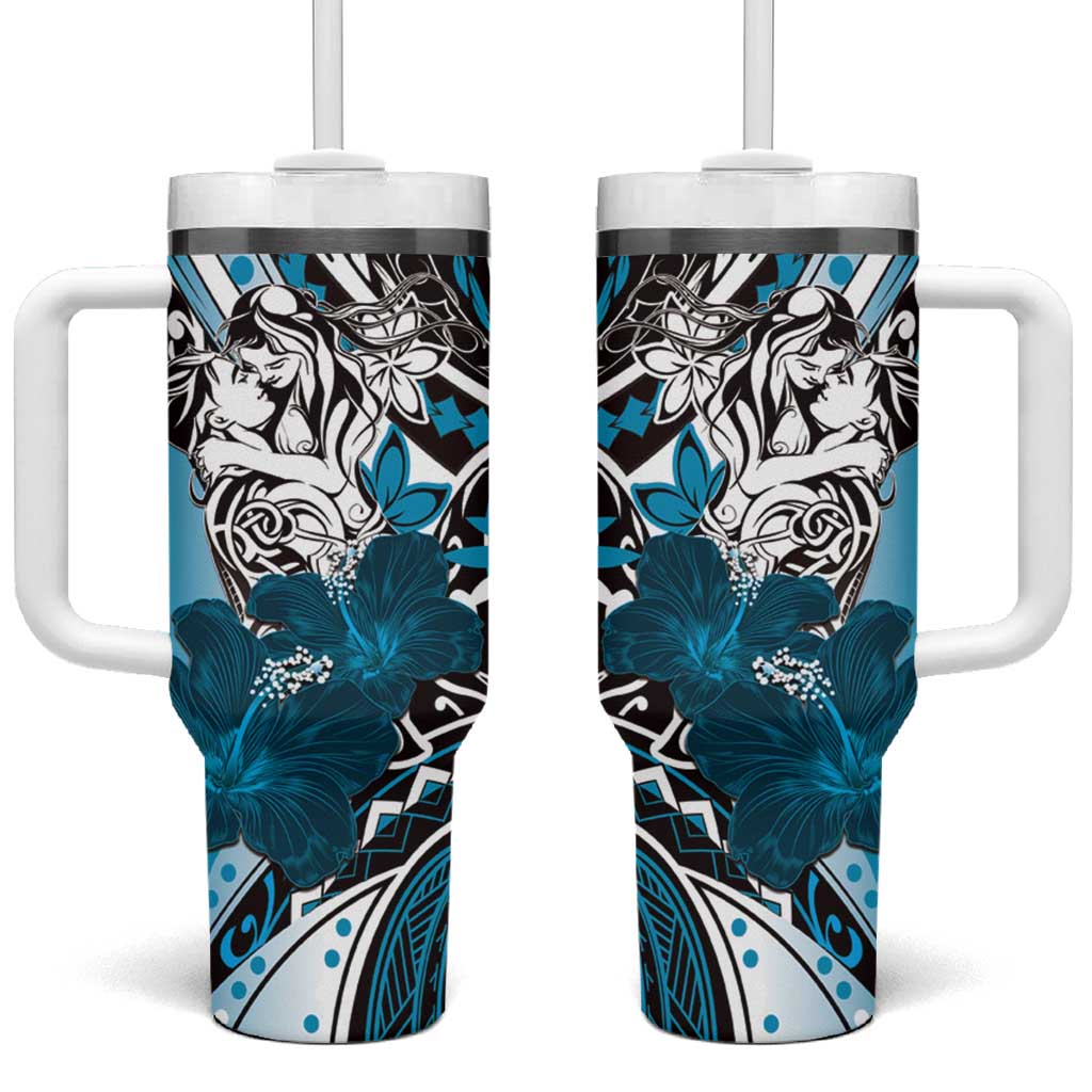 Polynesian Valentine Tumbler With Handle Couple Floral Unique Sky Blue Version