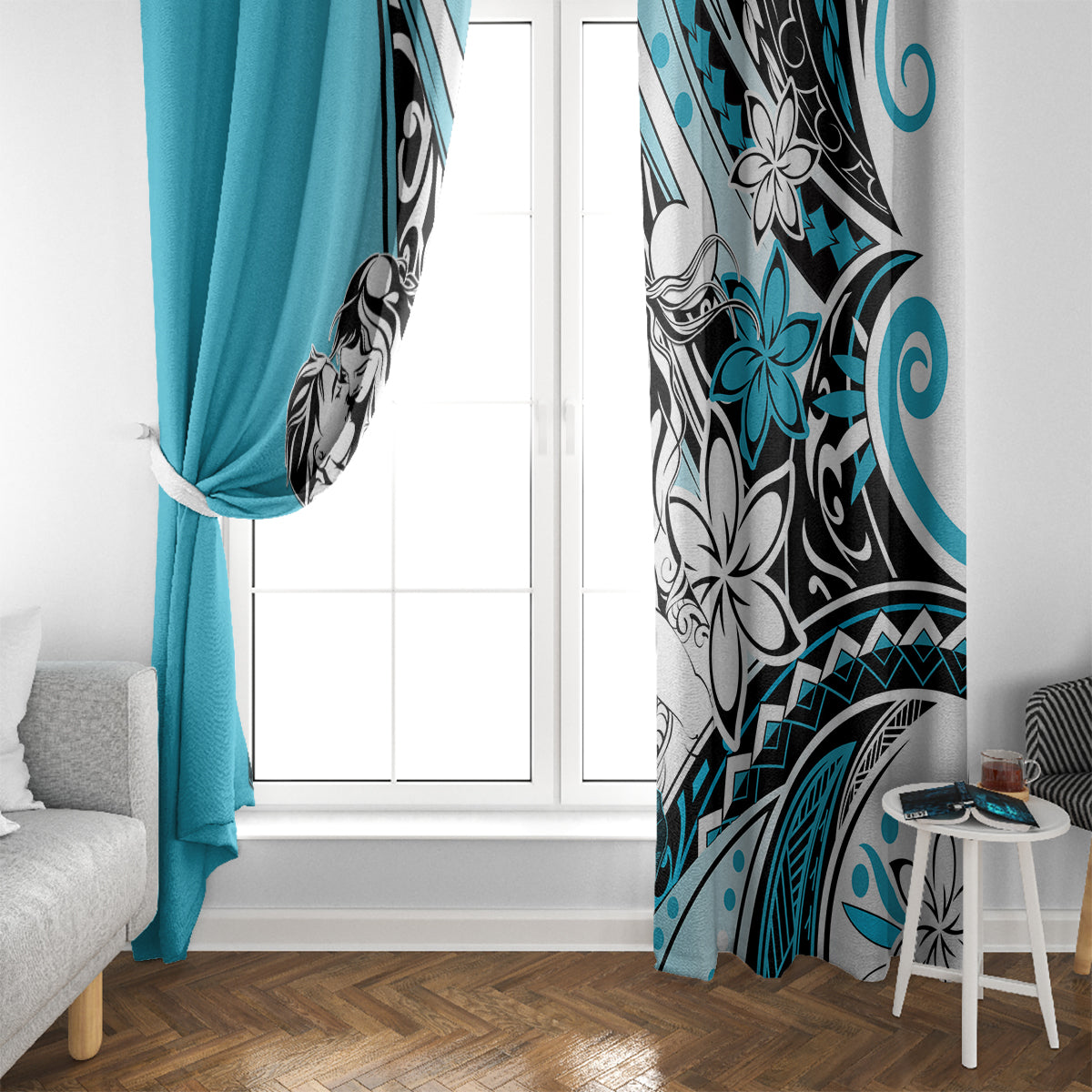 Polynesian Valentine Window Curtain Couple Floral Unique Sky Blue Version LT01 - Polynesian Pride