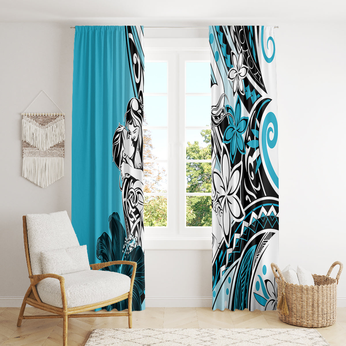 Polynesian Valentine Window Curtain Couple Floral Unique Sky Blue Version LT01 - Polynesian Pride