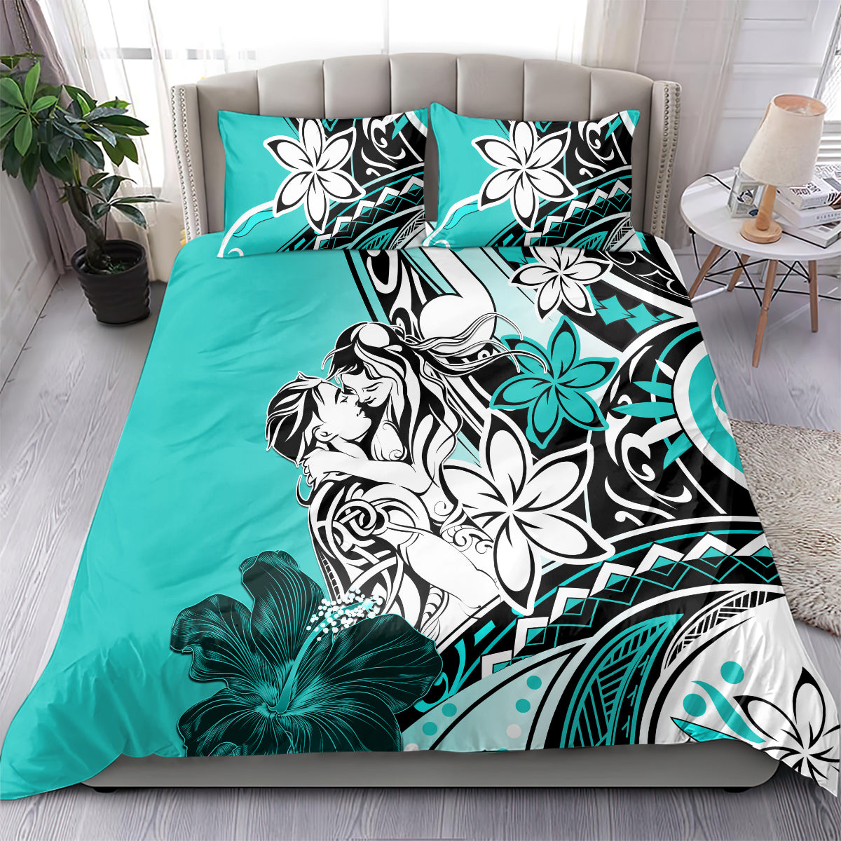 Polynesian Valentine Bedding Set Couple Floral Unique Turquoise Version LT01 - Polynesian Pride