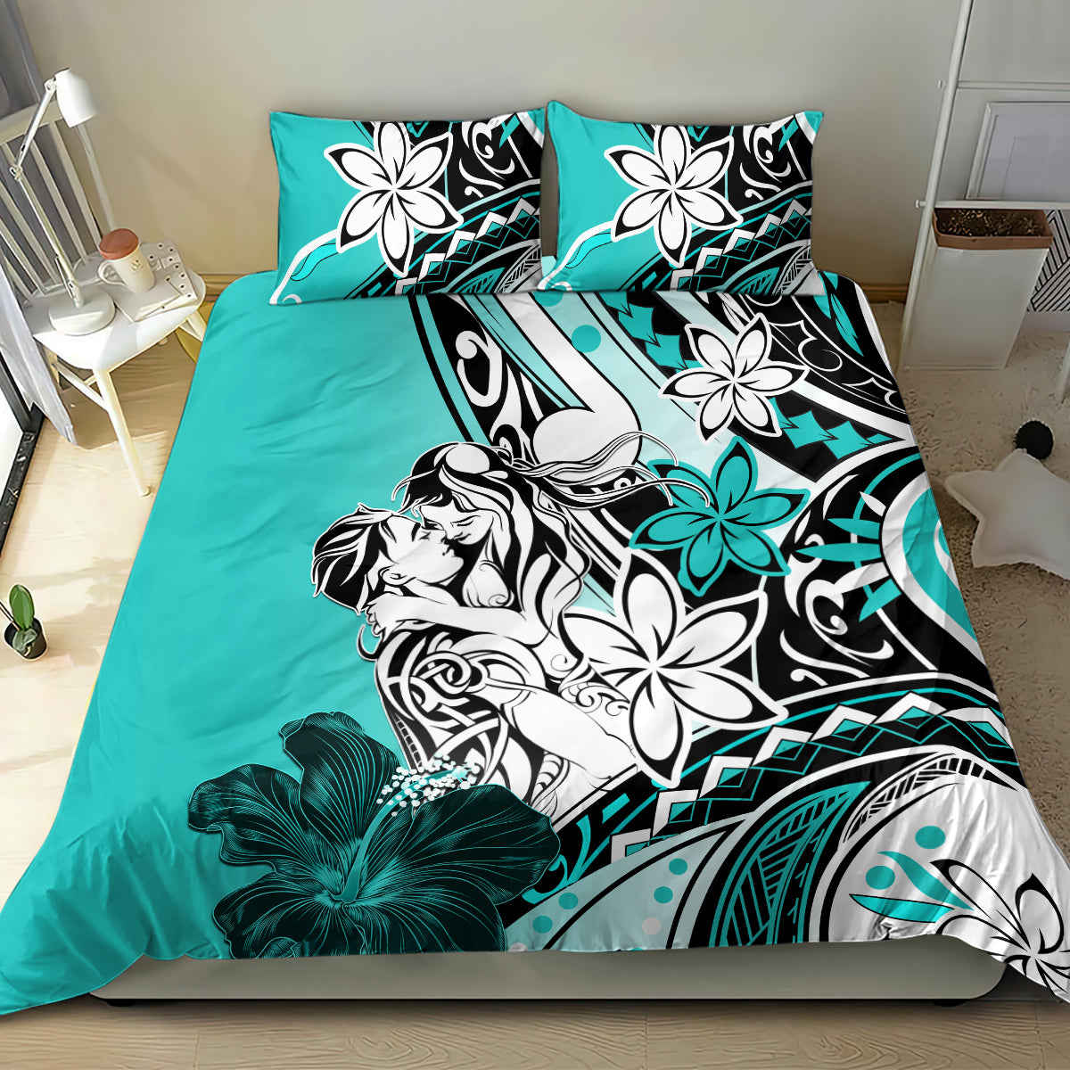 Polynesian Valentine Bedding Set Couple Floral Unique Turquoise Version LT01 - Polynesian Pride