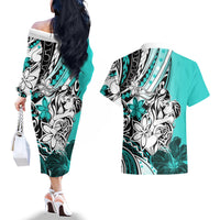 Polynesian Valentine Couples Matching Off The Shoulder Long Sleeve Dress and Hawaiian Shirt Couple Floral Unique Turquoise Version LT01 - Polynesian Pride