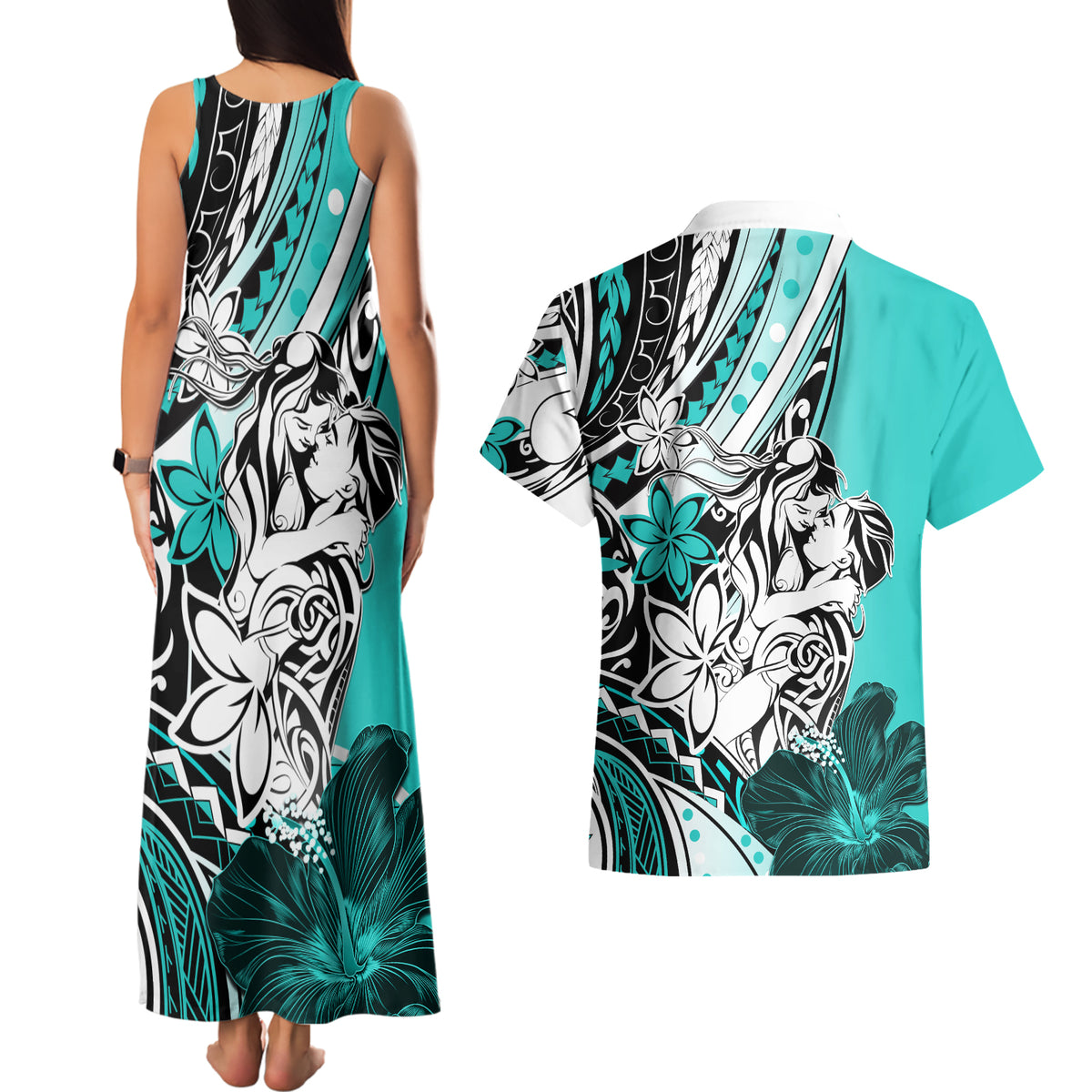 Polynesian Valentine Couples Matching Tank Maxi Dress and Hawaiian Shirt Couple Floral Unique Turquoise Version LT01 - Polynesian Pride