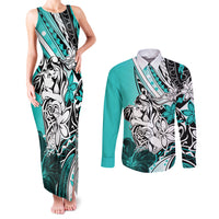 Polynesian Valentine Couples Matching Tank Maxi Dress and Long Sleeve Button Shirt Couple Floral Unique Turquoise Version LT01 Turquoise - Polynesian Pride