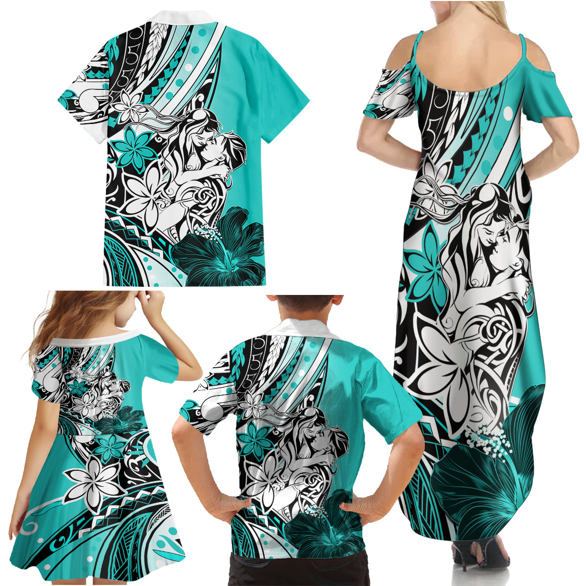 Polynesian Valentine Family Matching Summer Maxi Dress and Hawaiian Shirt Couple Floral Unique Turquoise Version LT01 - Polynesian Pride