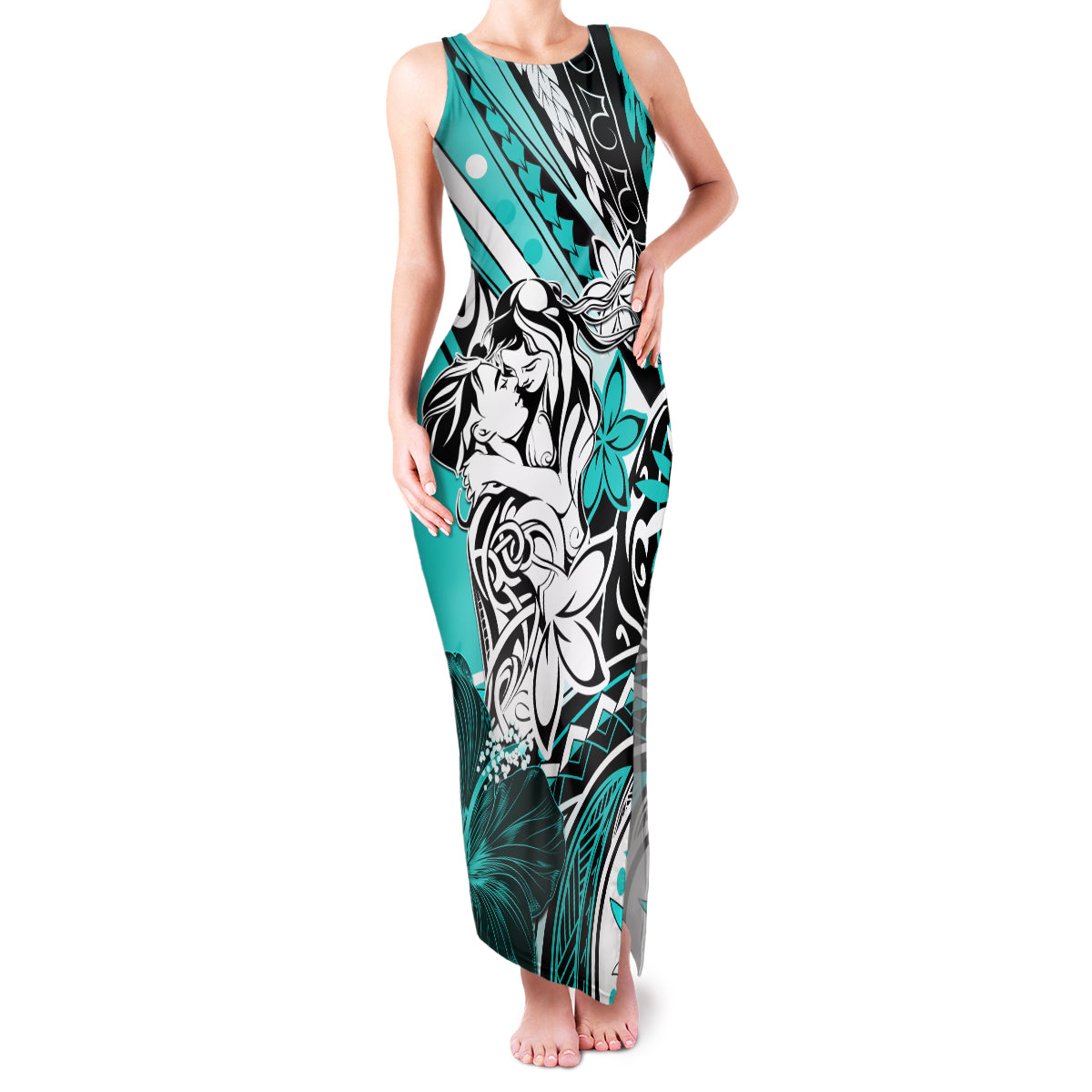 Polynesian Valentine Family Matching Tank Maxi Dress and Hawaiian Shirt Couple Floral Unique Turquoise Version LT01 Mom's Dress Turquoise - Polynesian Pride