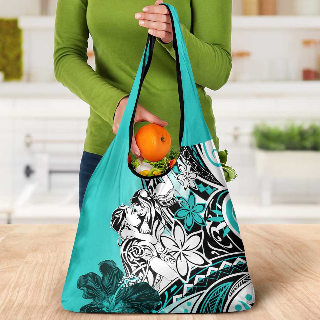 Polynesian Valentine Grocery Bag Couple Floral Unique Turquoise Version