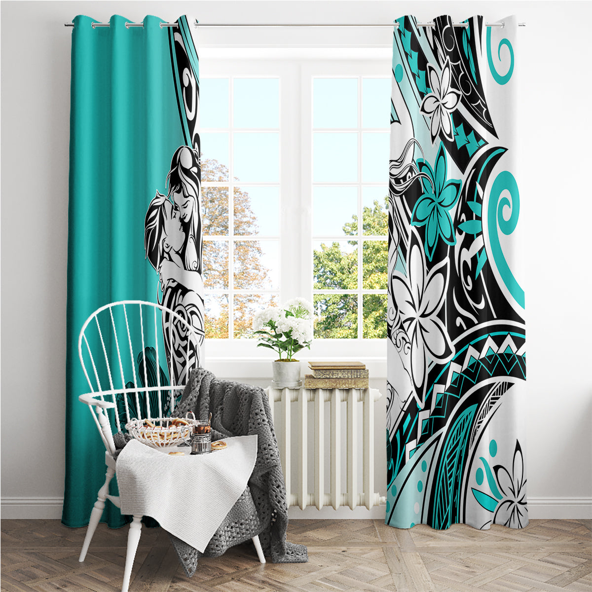 Polynesian Valentine Window Curtain Couple Floral Unique Turquoise Version LT01 - Polynesian Pride
