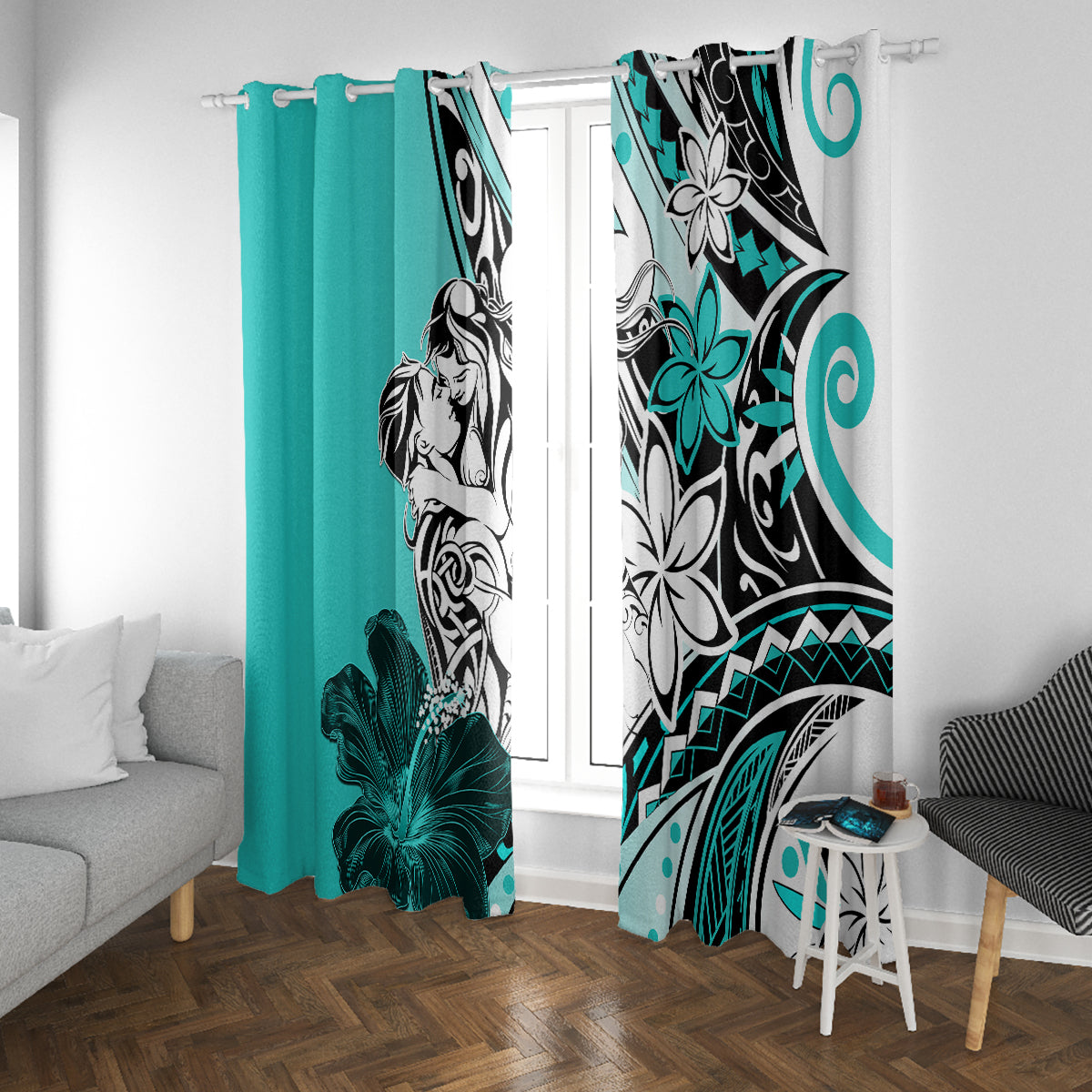 Polynesian Valentine Window Curtain Couple Floral Unique Turquoise Version LT01 With Grommets Turquoise - Polynesian Pride