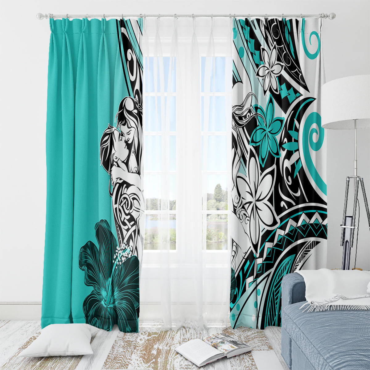 Polynesian Valentine Window Curtain Couple Floral Unique Turquoise Version LT01 - Polynesian Pride