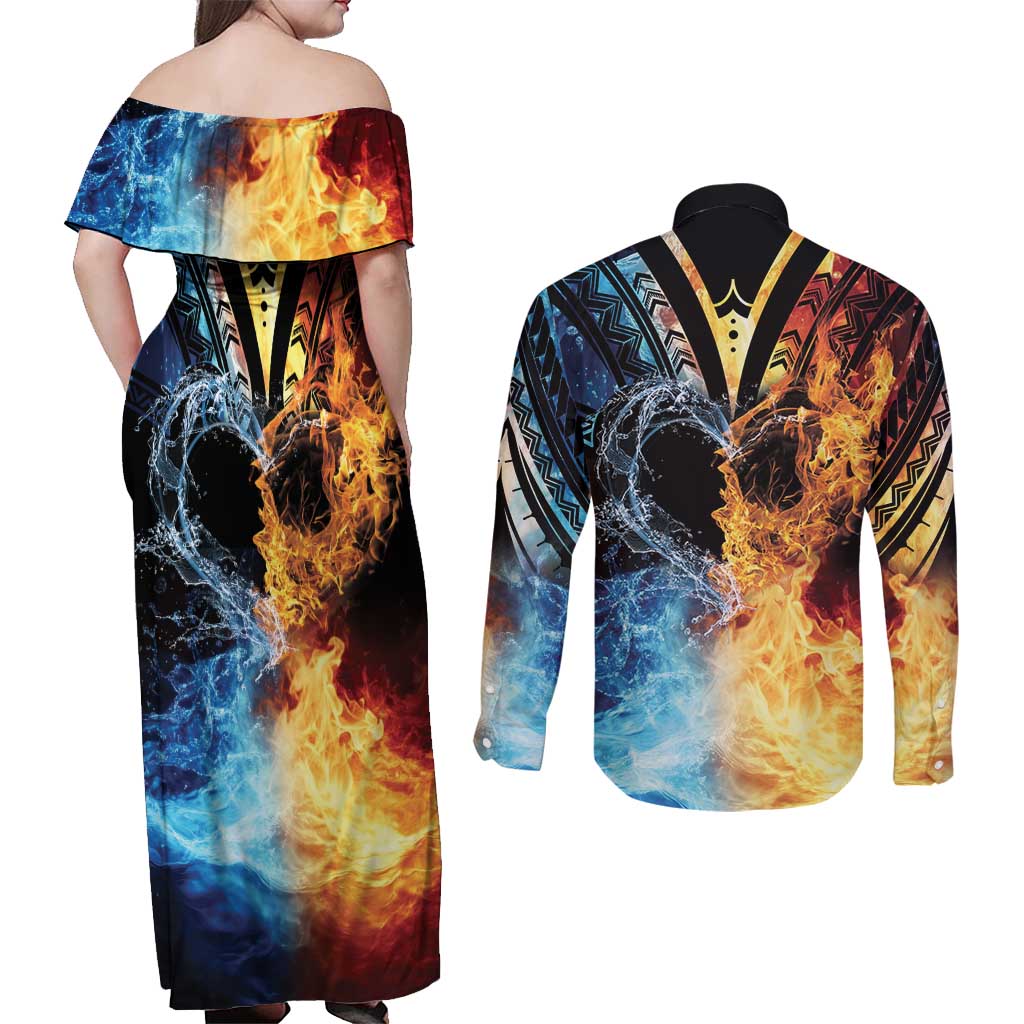 Personalised Polynesian Heart In Fire And Water Couples Matching Off Shoulder Maxi Dress and Long Sleeve Button Shirt Romantic Elements