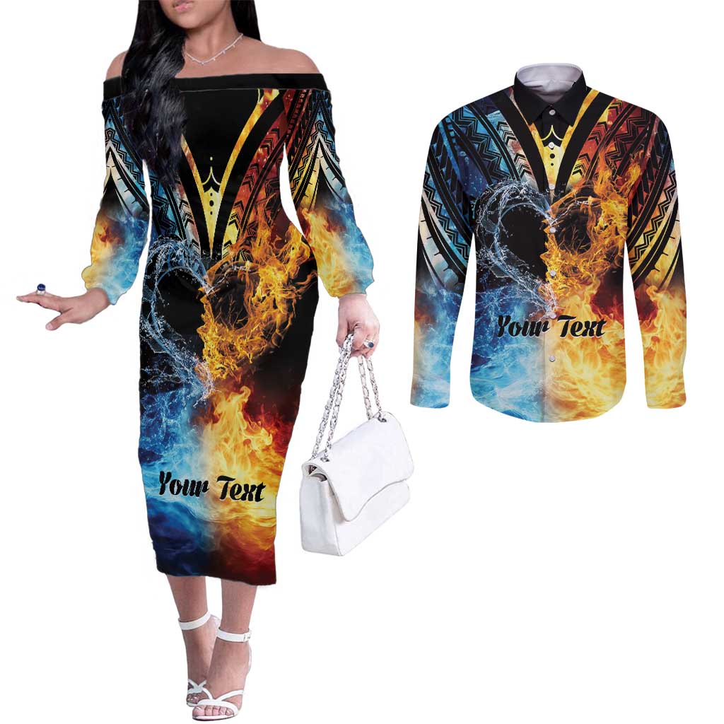 Personalised Polynesian Heart In Fire And Water Couples Matching Off The Shoulder Long Sleeve Dress and Long Sleeve Button Shirt Romantic Elements