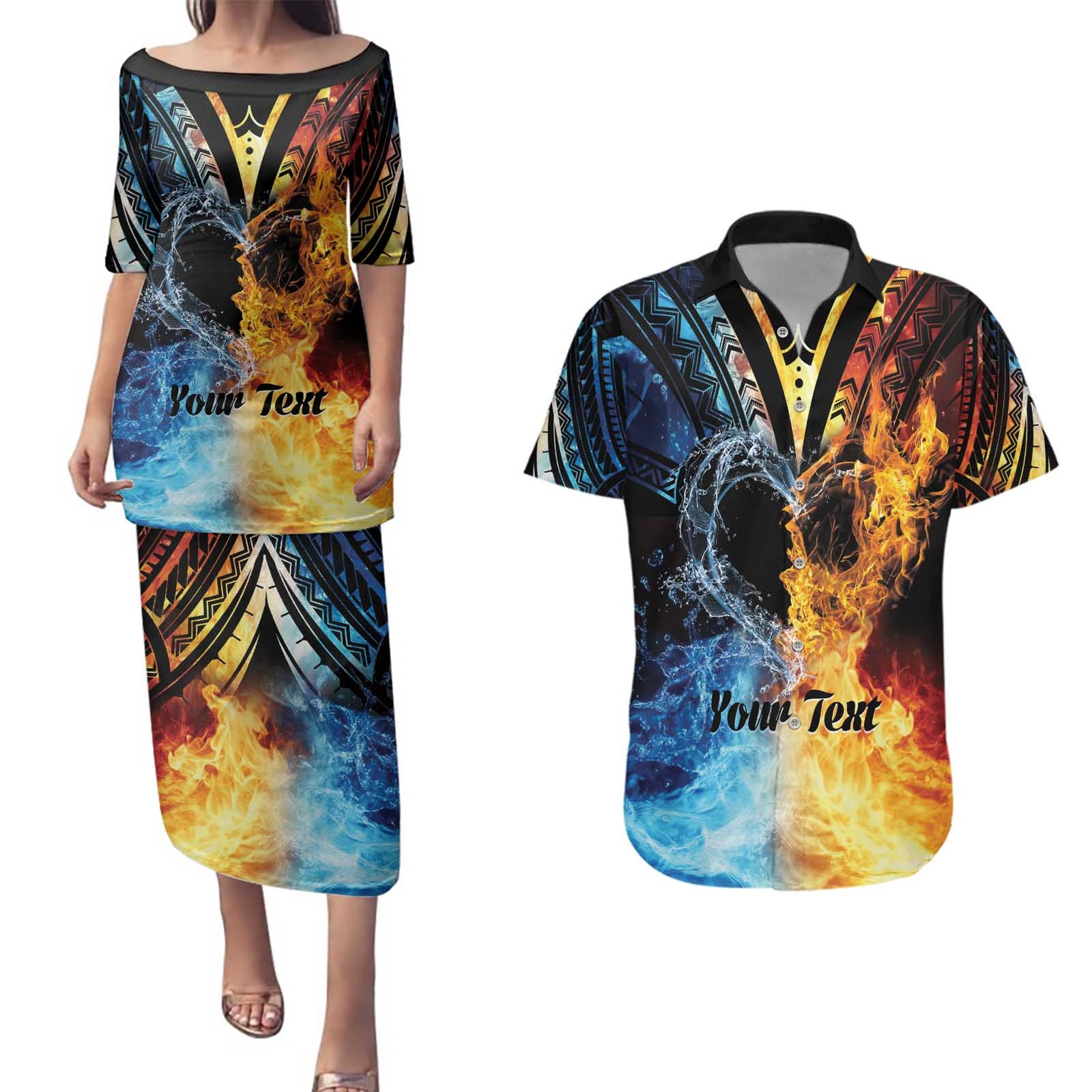 Personalised Polynesian Heart In Fire And Water Couples Matching Puletasi and Hawaiian Shirt Romantic Elements