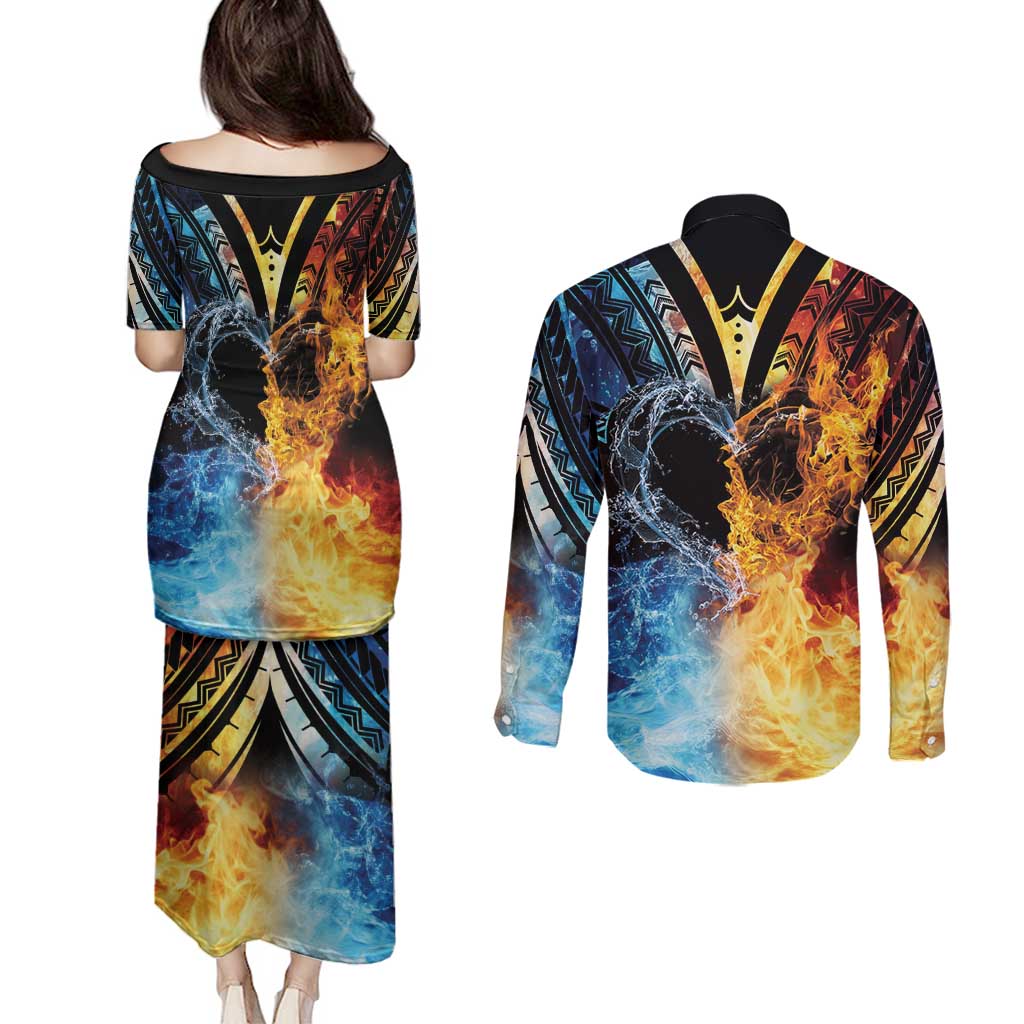 Personalised Polynesian Heart In Fire And Water Couples Matching Puletasi and Long Sleeve Button Shirt Romantic Elements