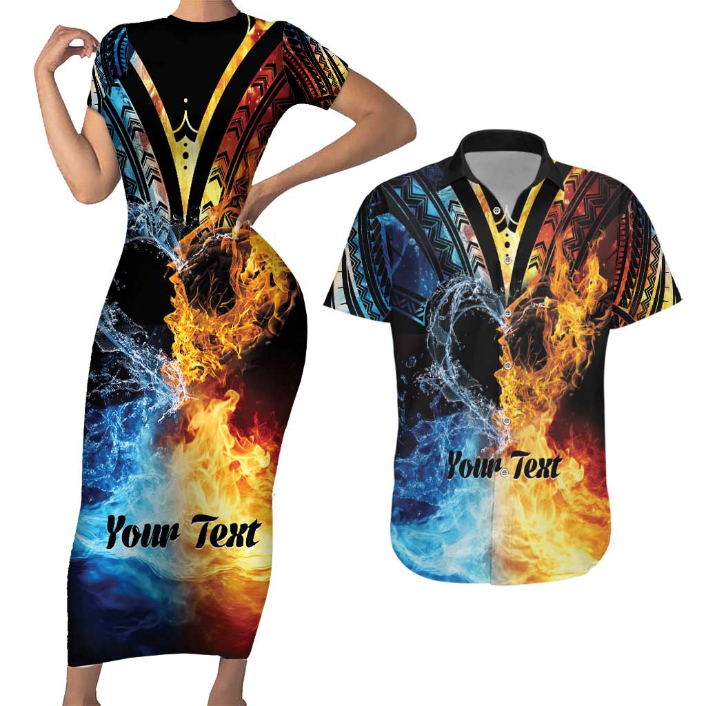 Personalised Polynesian Heart In Fire And Water Couples Matching Short Sleeve Bodycon Dress and Hawaiian Shirt Romantic Elements