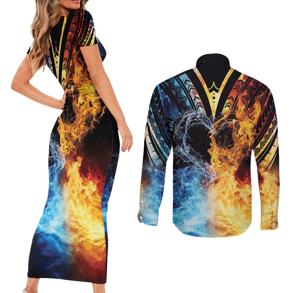 Personalised Polynesian Heart In Fire And Water Couples Matching Short Sleeve Bodycon Dress and Long Sleeve Button Shirt Romantic Elements