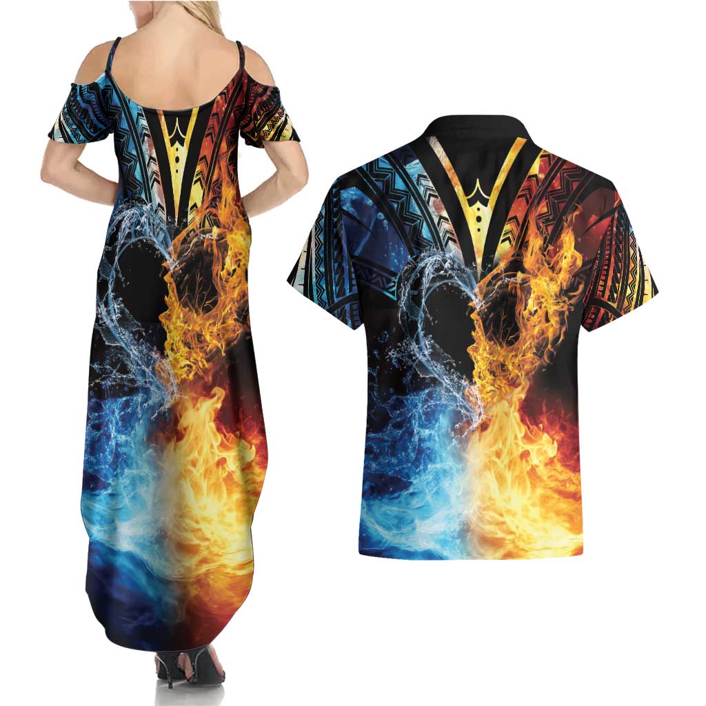 Personalised Polynesian Heart In Fire And Water Couples Matching Summer Maxi Dress and Hawaiian Shirt Romantic Elements