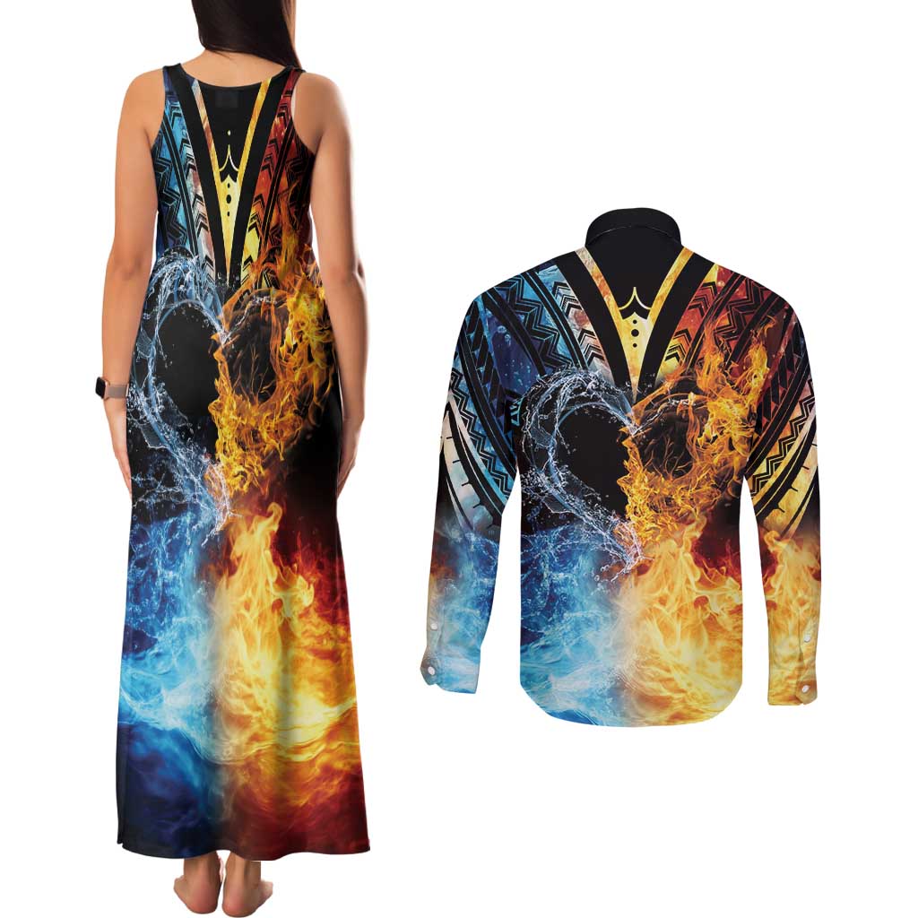 Personalised Polynesian Heart In Fire And Water Couples Matching Tank Maxi Dress and Long Sleeve Button Shirt Romantic Elements