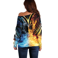 Personalised Polynesian Heart In Fire And Water Off Shoulder Sweater Romantic Elements