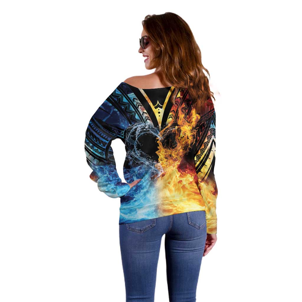 Personalised Polynesian Heart In Fire And Water Off Shoulder Sweater Romantic Elements