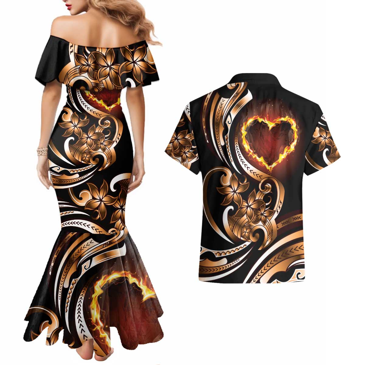 Personalised Polynesian Fiery Heart Couples Matching Mermaid Dress and Hawaiian Shirt Passionate Love