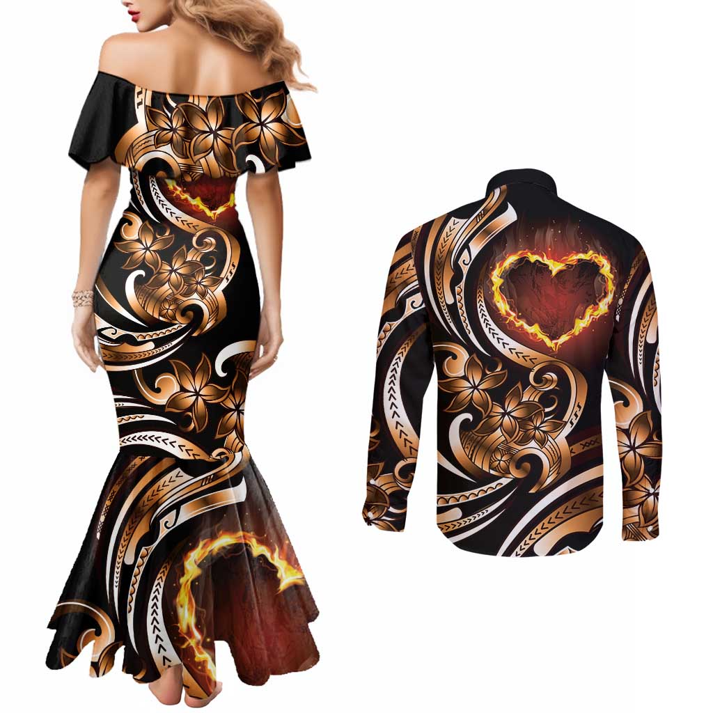 Personalised Polynesian Fiery Heart Couples Matching Mermaid Dress and Long Sleeve Button Shirt Passionate Love