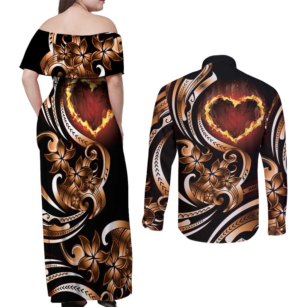 Personalised Polynesian Fiery Heart Couples Matching Off Shoulder Maxi Dress and Long Sleeve Button Shirt Passionate Love
