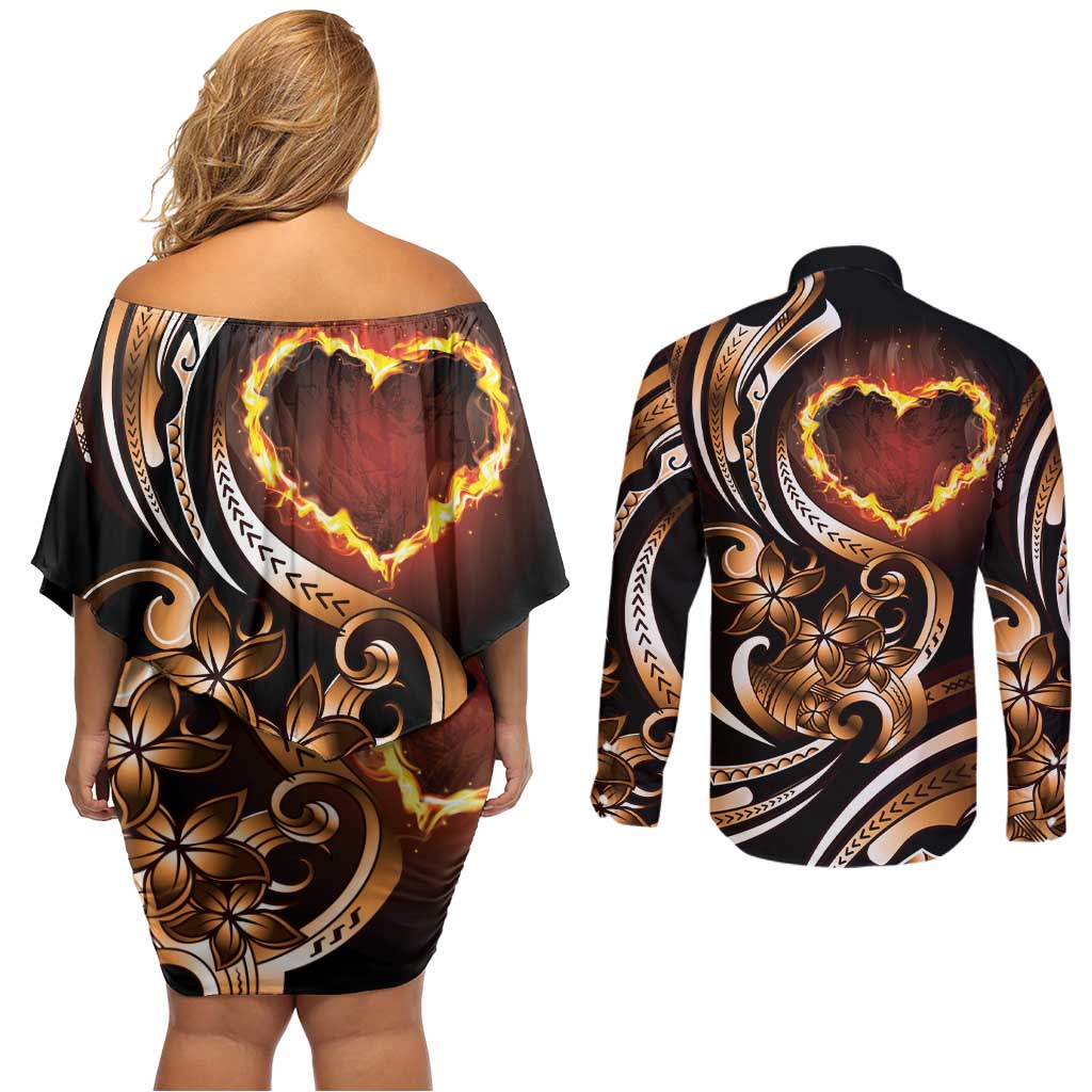 Personalised Polynesian Fiery Heart Couples Matching Off Shoulder Short Dress and Long Sleeve Button Shirt Passionate Love