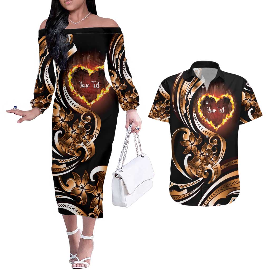 Personalised Polynesian Fiery Heart Couples Matching Off The Shoulder Long Sleeve Dress and Hawaiian Shirt Passionate Love