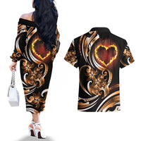 Personalised Polynesian Fiery Heart Couples Matching Off The Shoulder Long Sleeve Dress and Hawaiian Shirt Passionate Love