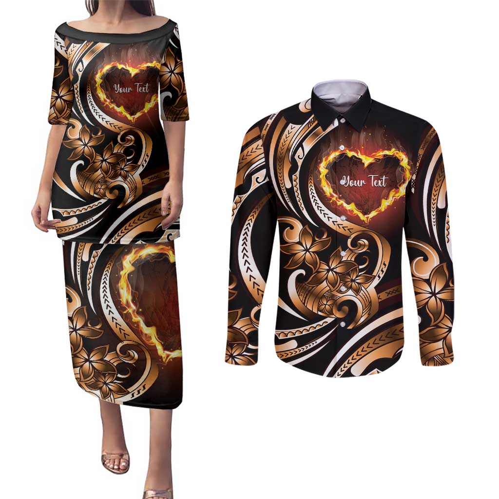 Personalised Polynesian Fiery Heart Couples Matching Puletasi and Long Sleeve Button Shirt Passionate Love