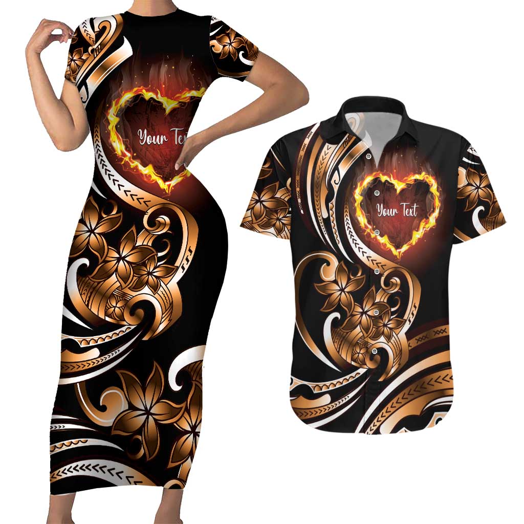 Personalised Polynesian Fiery Heart Couples Matching Short Sleeve Bodycon Dress and Hawaiian Shirt Passionate Love